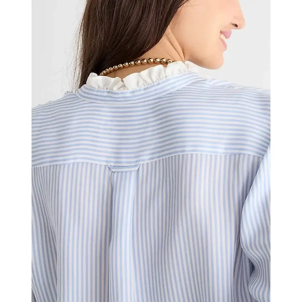 J.‎ Crew Drapey Ruffled Trim Cupro Blend Shirt Blue Stripe Size Large